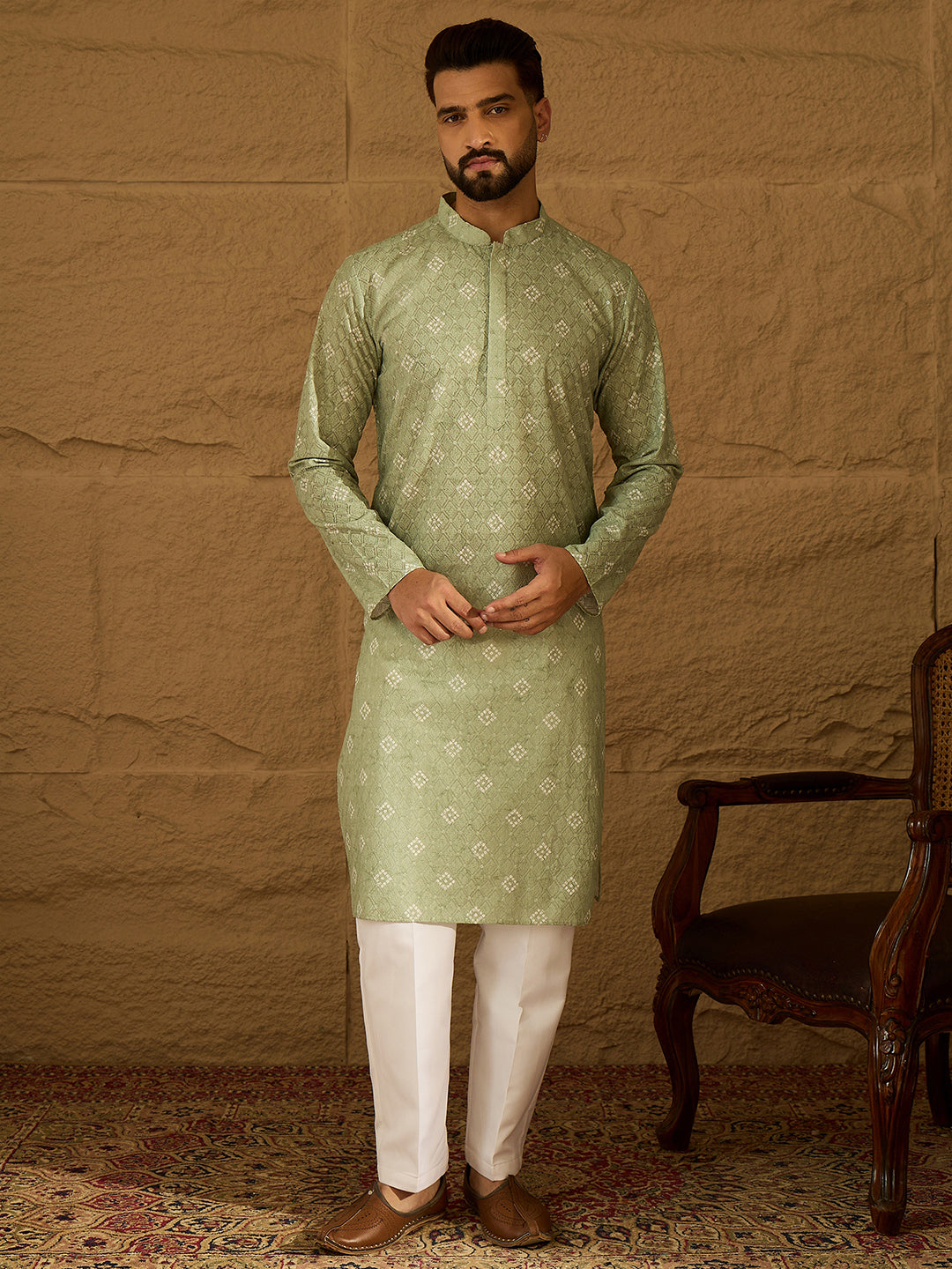 Men Green Viscose Rayon Bandhani Embroidered Straight Kurta-MKU1584