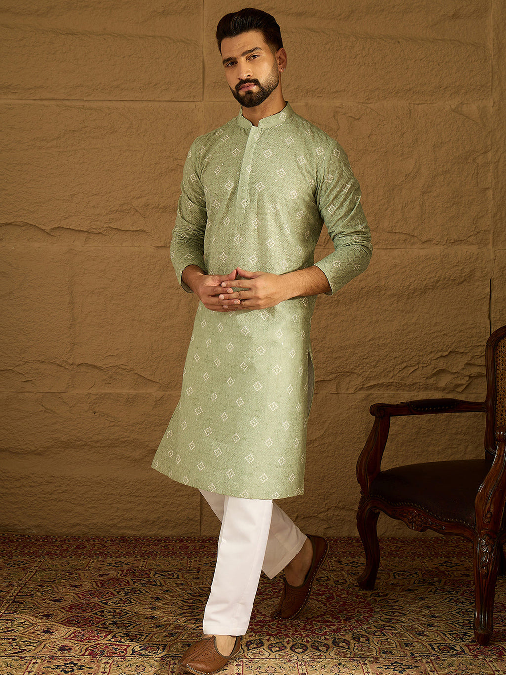 Men Green Viscose Rayon Bandhani Embroidered Straight Kurta-MKU1584
