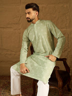 Men Green Viscose Rayon Bandhani Embroidered Straight Kurta-MKU1584