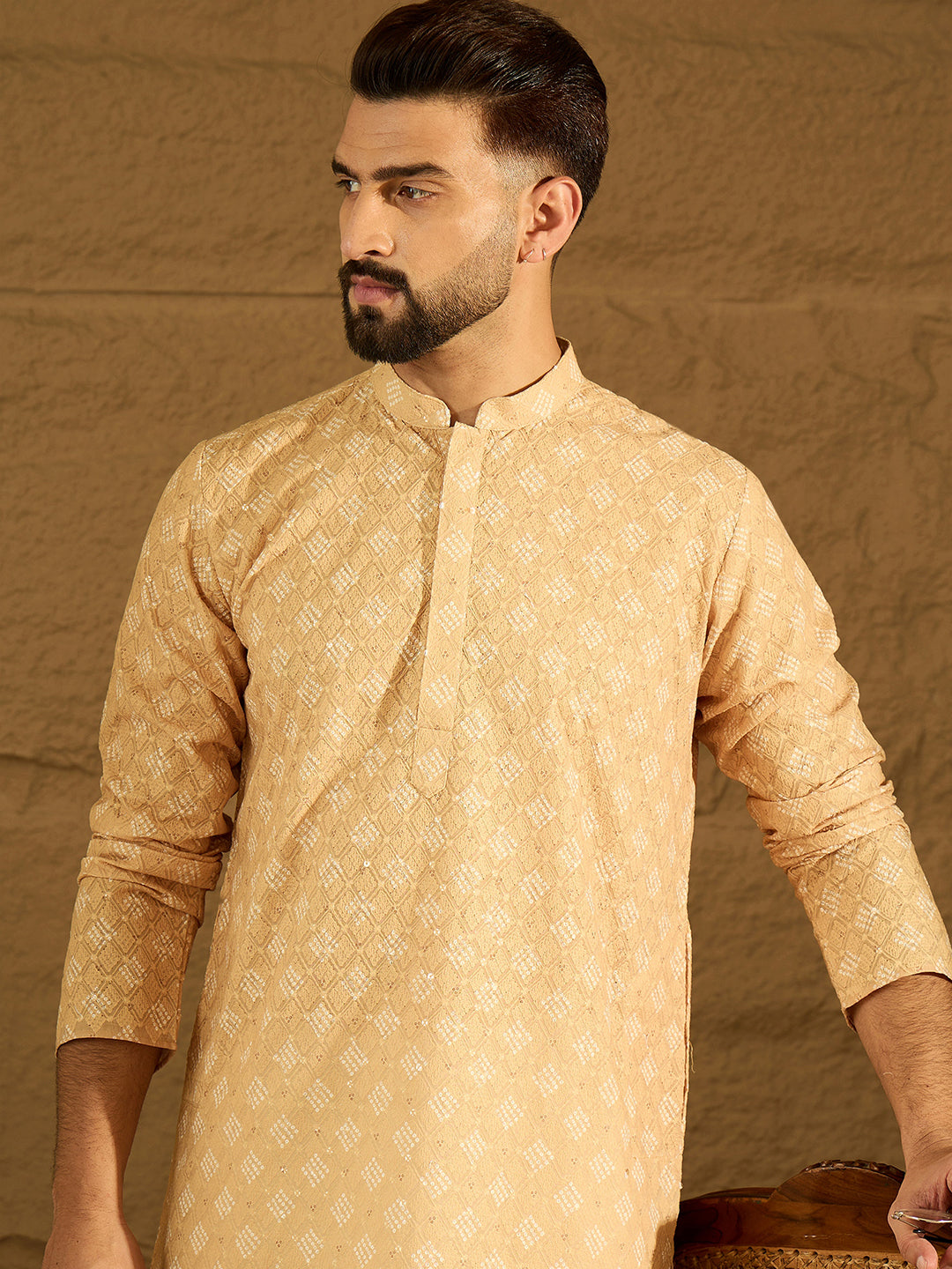 Men Yellow Viscose Rayon Bandhani Embroidered Straight Kurta-MKU1585