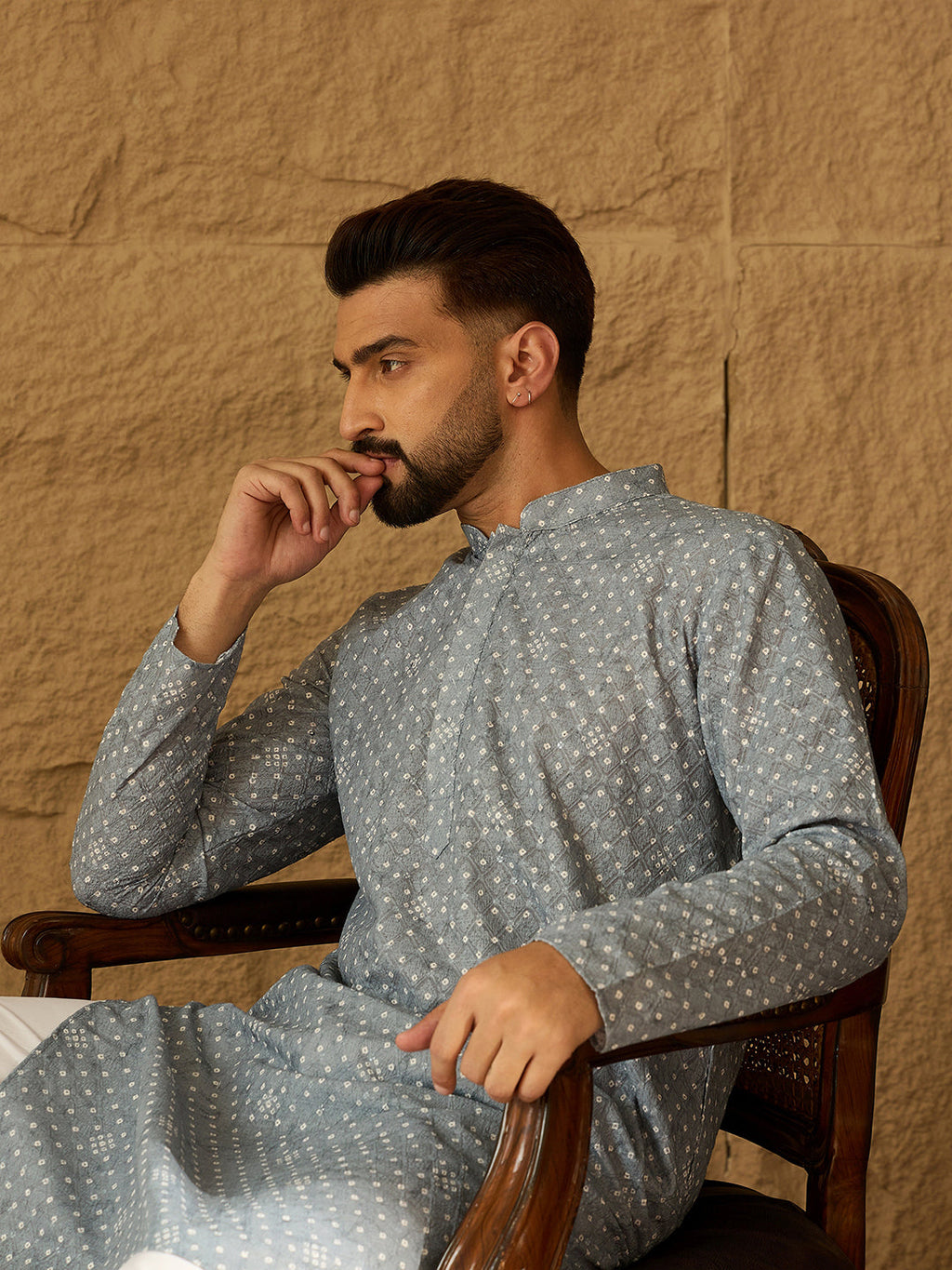 Men Blue Viscose Rayon Bandhani Embroidered Straight Kurta-MKU1586