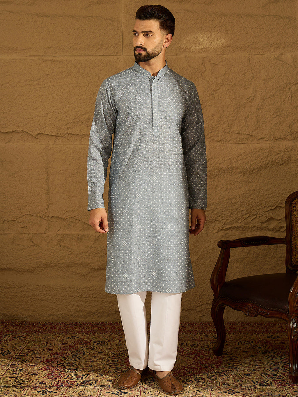Men Blue Viscose Rayon Bandhani Embroidered Straight Kurta-MKU1586