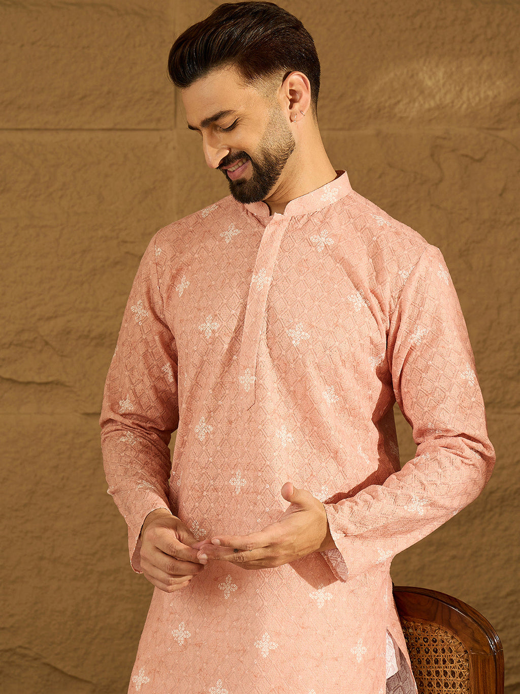 Men Peach Viscose Rayon Bandhani Embroidered Straight Kurta-MKU1587