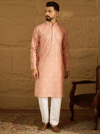 Men Peach Viscose Rayon Bandhani Embroidered Straight Kurta-MKU1587