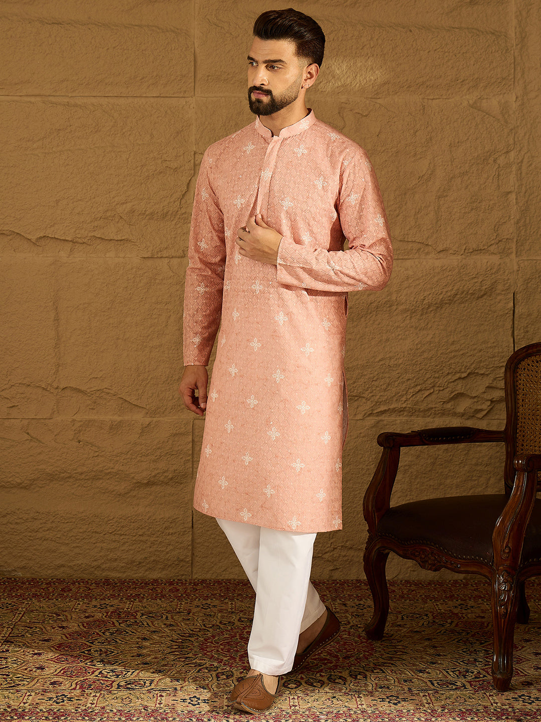 Men Peach Viscose Rayon Bandhani Embroidered Straight Kurta-MKU1587