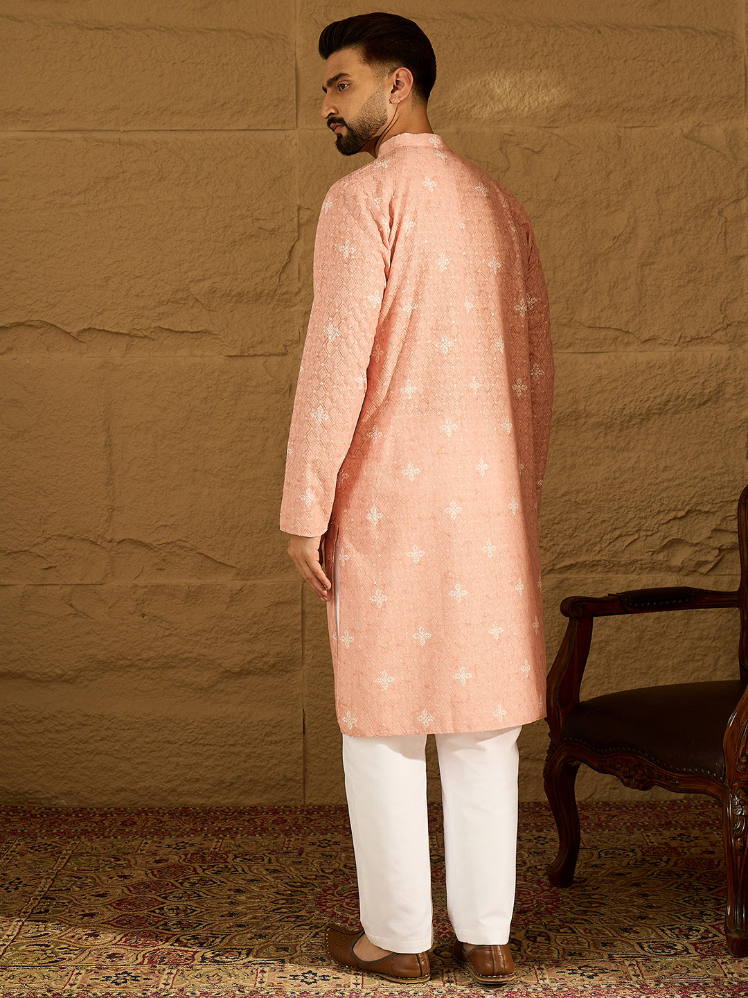 Men Peach Viscose Rayon Bandhani Embroidered Straight Kurta-MKU1587