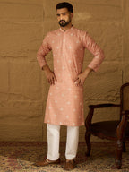 Men Peach Viscose Rayon Bandhani Embroidered Straight Kurta-MKU1587