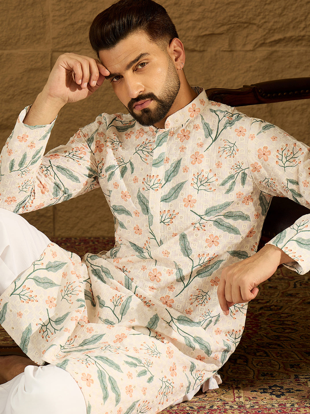 Men White Viscose Rayon Floral Embroidered Straight Kurta-MKU1597