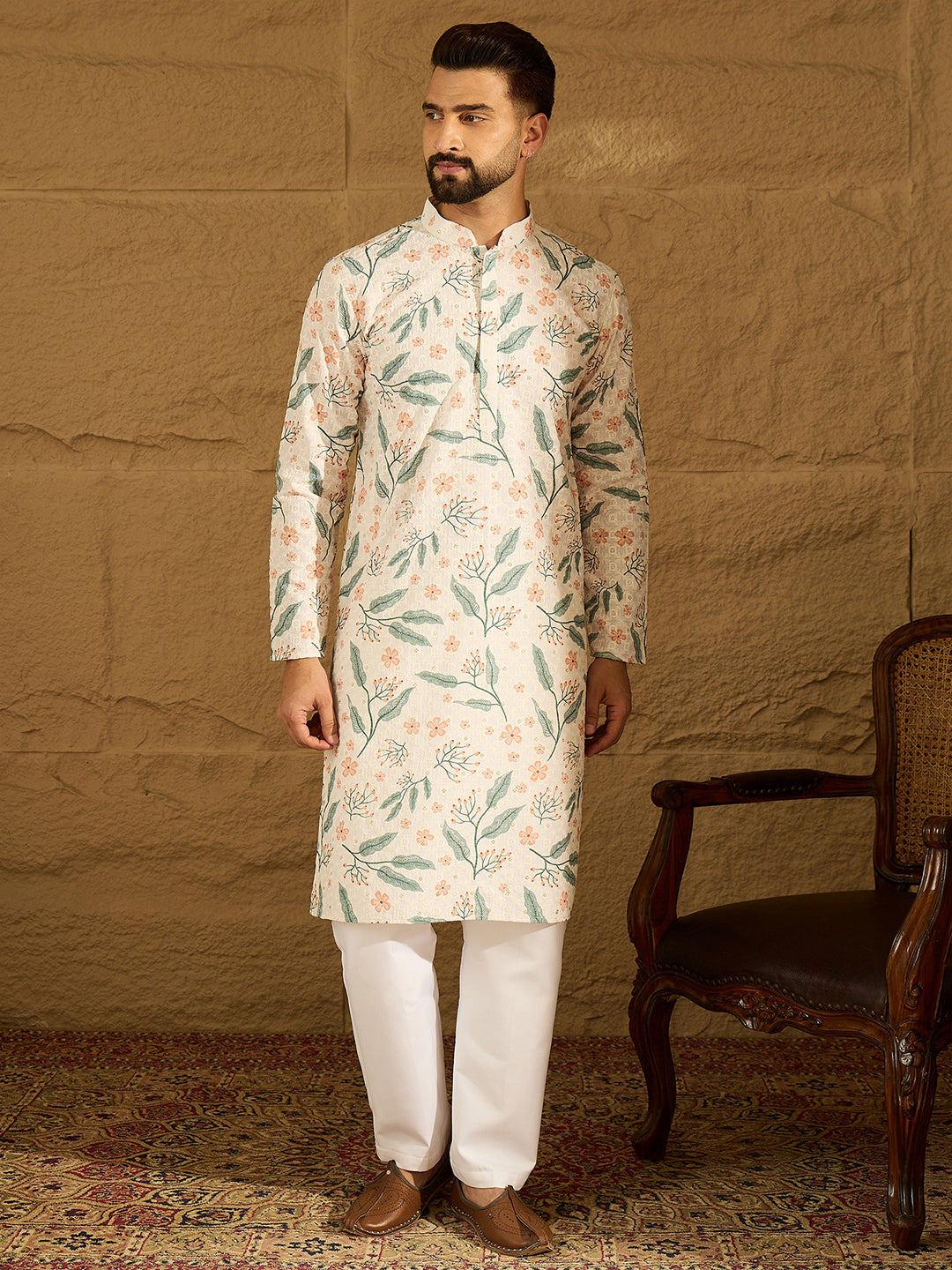 Men White Viscose Rayon Floral Embroidered Straight Kurta-MKU1597