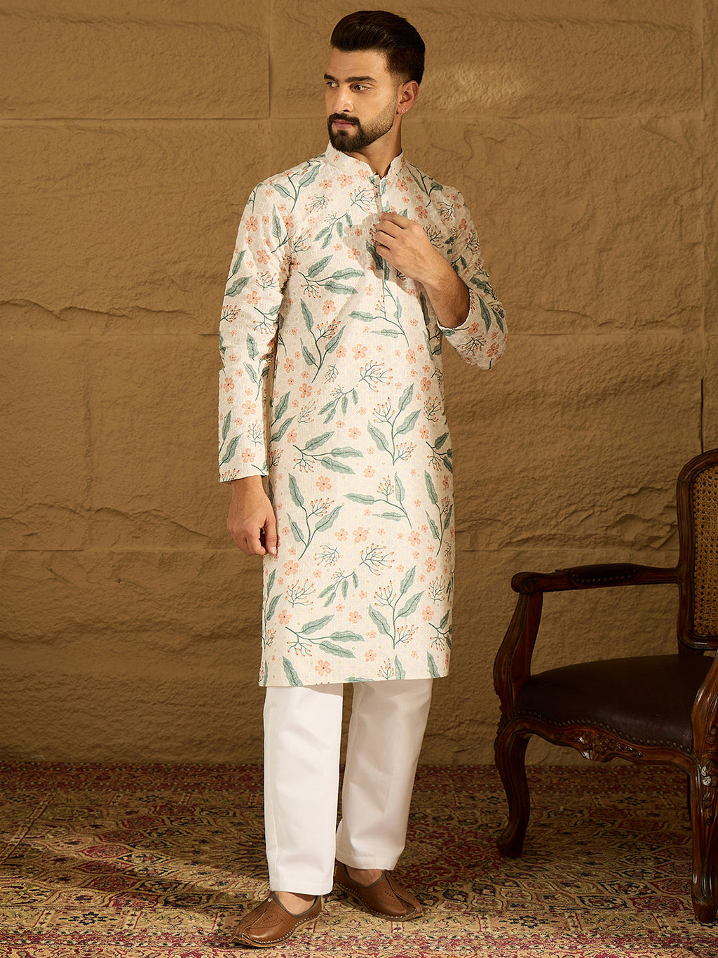 Men White Viscose Rayon Floral Embroidered Straight Kurta-MKU1597