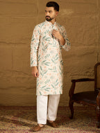 Men White Viscose Rayon Floral Embroidered Straight Kurta-MKU1597