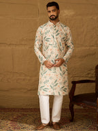 Men White Viscose Rayon Floral Embroidered Straight Kurta-MKU1597