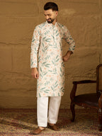 Men White Viscose Rayon Floral Embroidered Straight Kurta-MKU1597