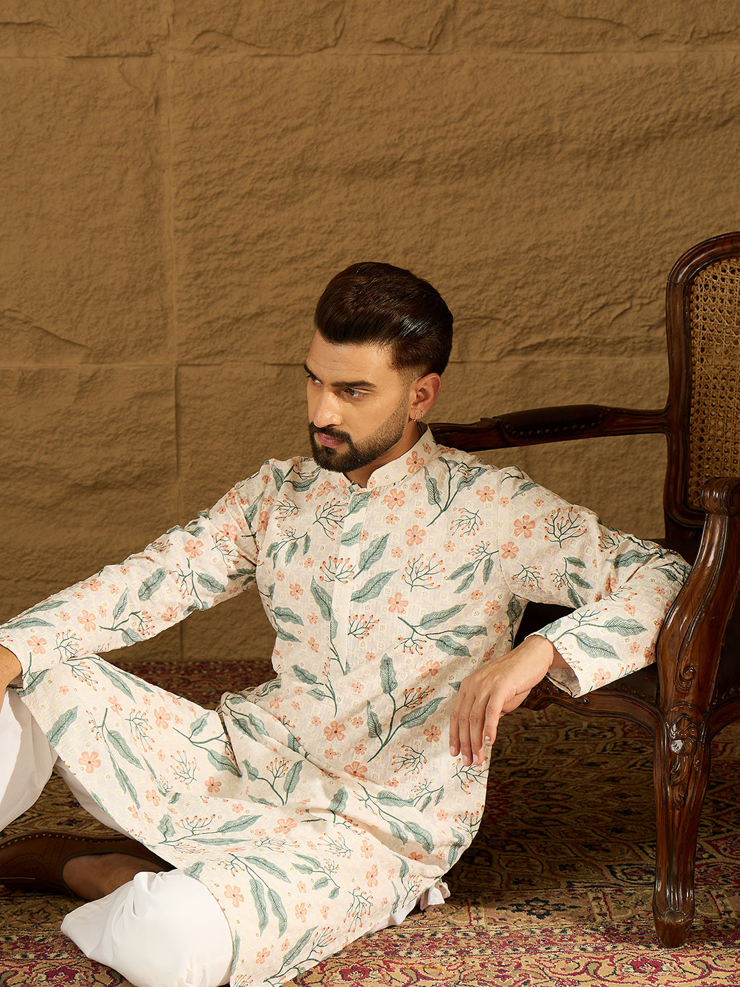 Men White Viscose Rayon Floral Embroidered Straight Kurta-MKU1597