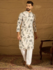 Men Off White Viscose Rayon Geometric Printed Straight Kurta-MKU1598