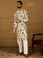 Men Off White Viscose Rayon Geometric Printed Straight Kurta-MKU1598