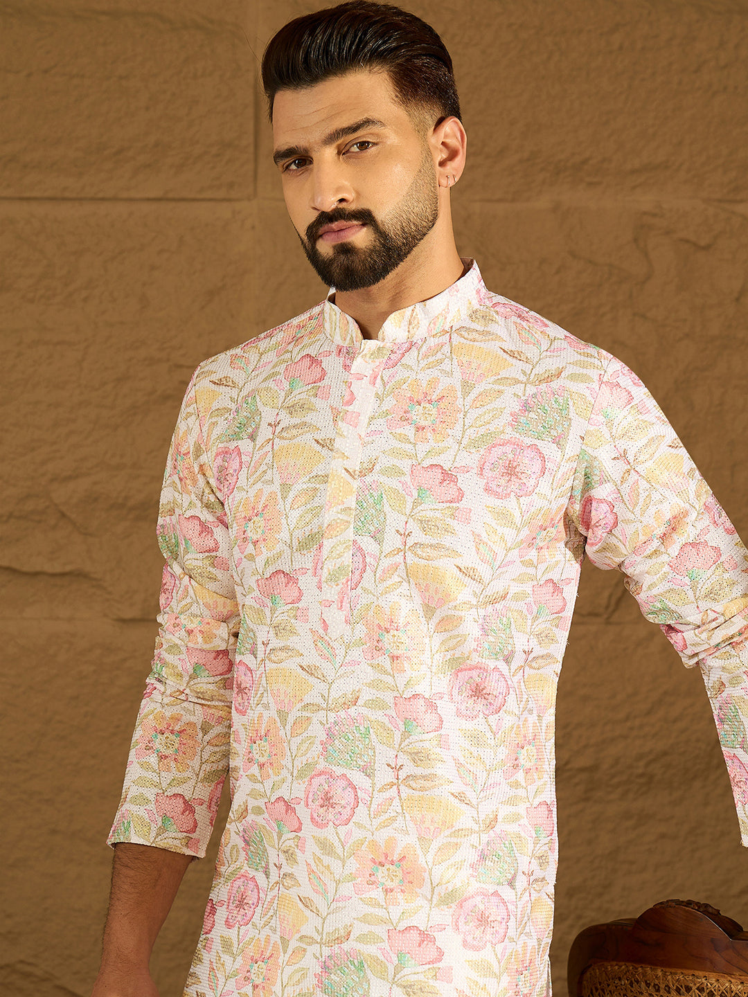 Men White Viscose Rayon Floral Embroidered Straight Kurta-MKU1599