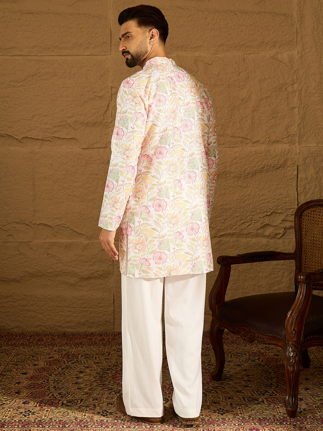 Men White Viscose Rayon Floral Embroidered Straight Kurta-MKU1599