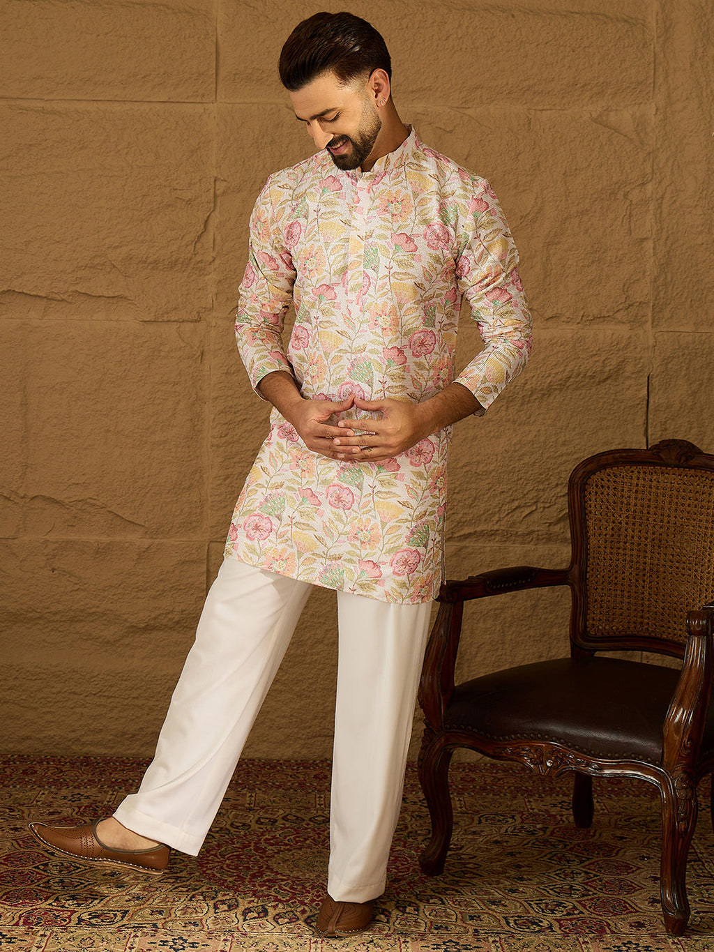 Men White Viscose Rayon Floral Embroidered Straight Kurta-MKU1599