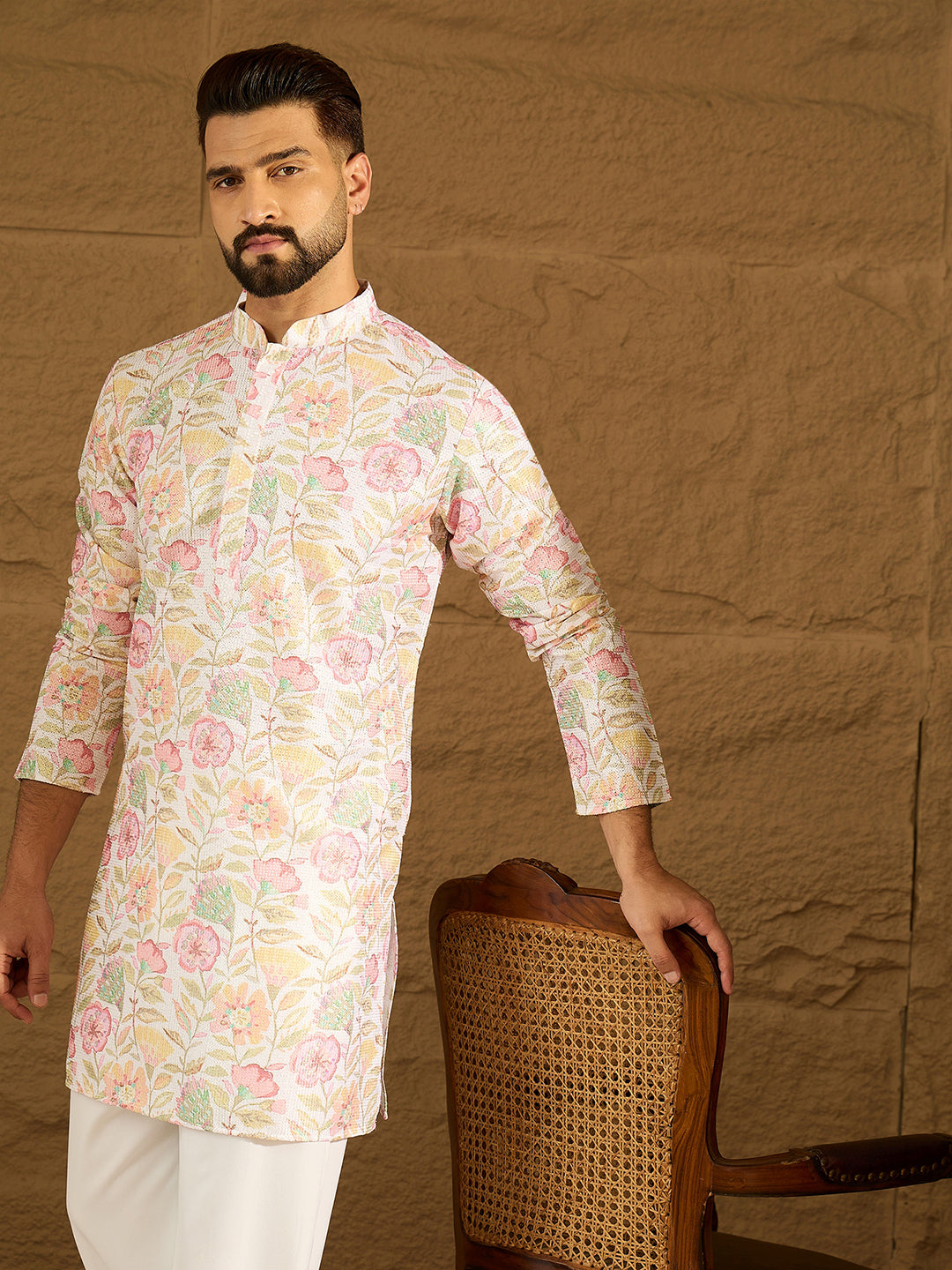 Men White Viscose Rayon Floral Embroidered Straight Kurta-MKU1599
