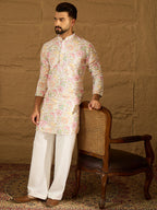 Men White Viscose Rayon Floral Embroidered Straight Kurta-MKU1599