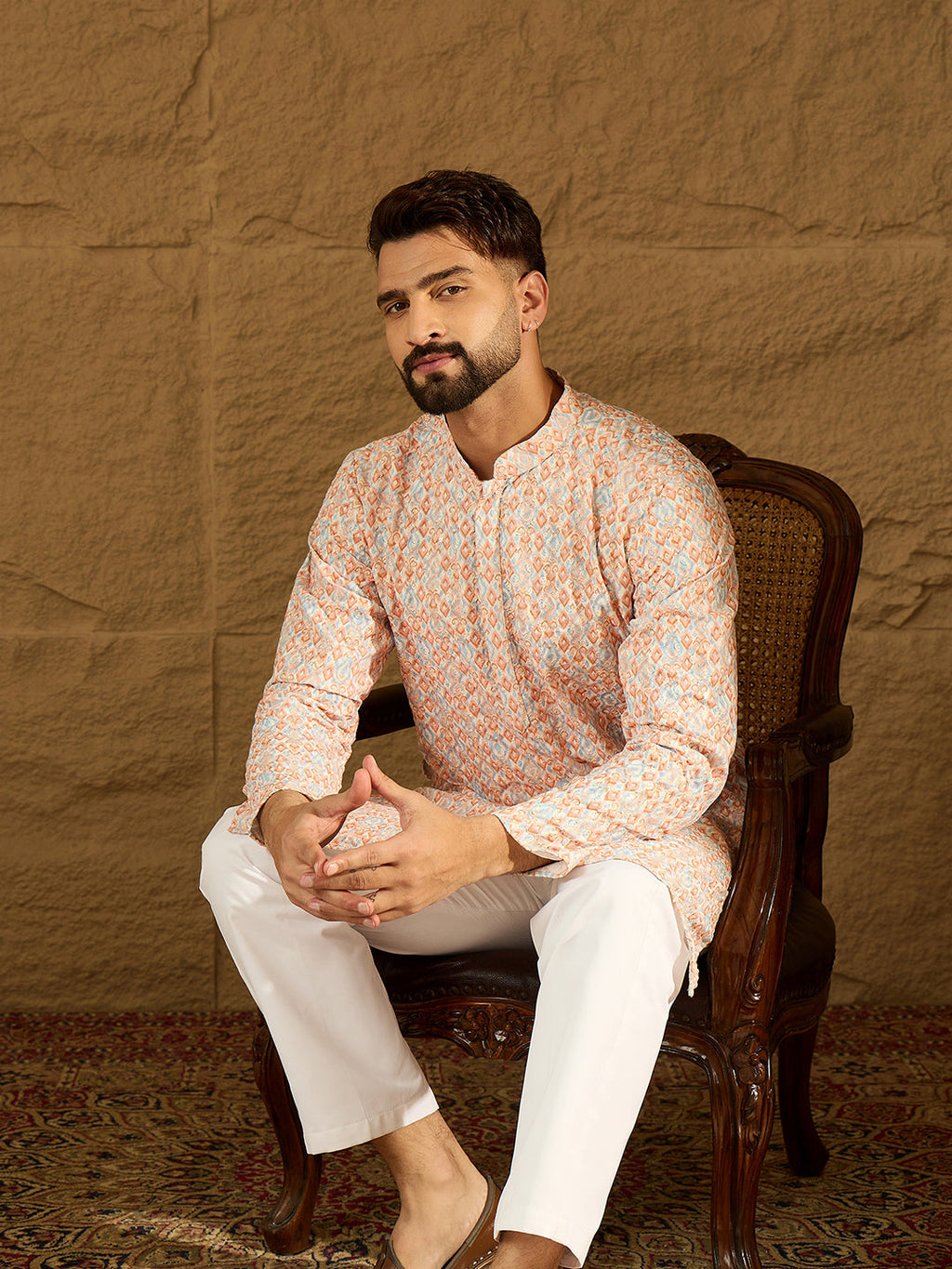 Men Orange Viscose Rayon Geometric Printed Straight Kurta-MKU1600