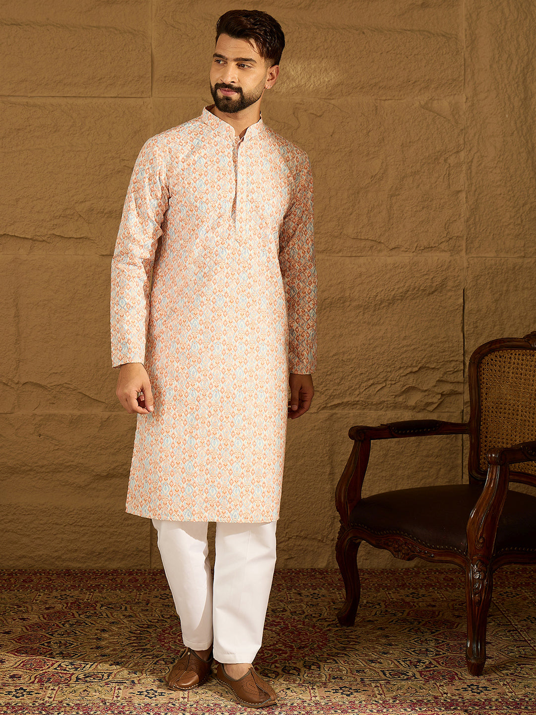 Men Orange Viscose Rayon Geometric Printed Straight Kurta-MKU1600