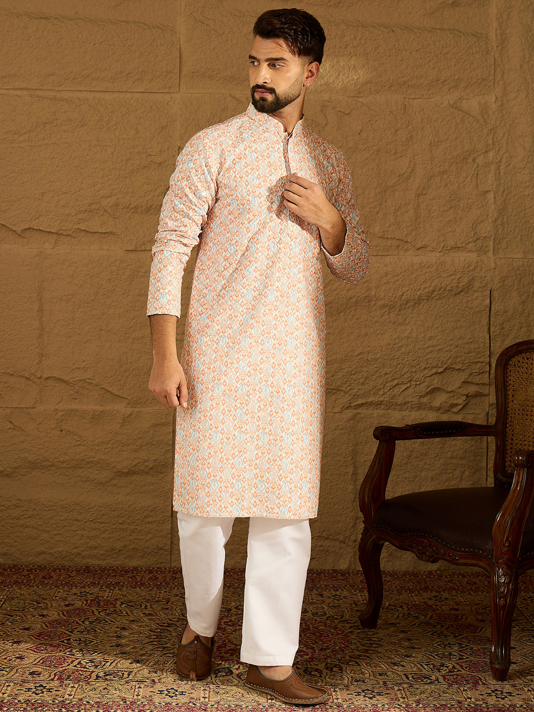 Men Orange Viscose Rayon Geometric Printed Straight Kurta-MKU1600