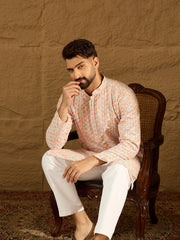 Men Orange Viscose Rayon Geometric Printed Straight Kurta-MKU1600