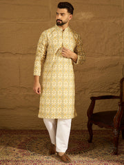 Men Yellow Viscose Rayon Geometric Printed Straight Kurta-MKU1601