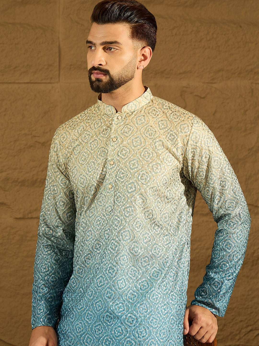 Men Blue Cotton Bandhani Embroidered Straight Kurta-MKU1602
