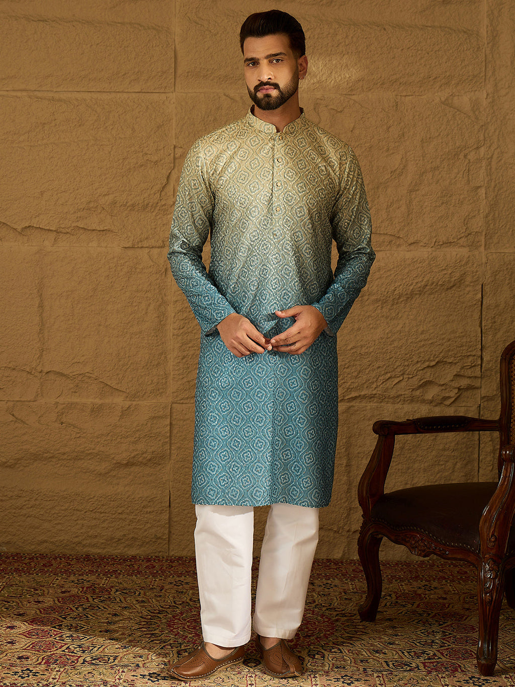 Men Blue Cotton Bandhani Embroidered Straight Kurta-MKU1602