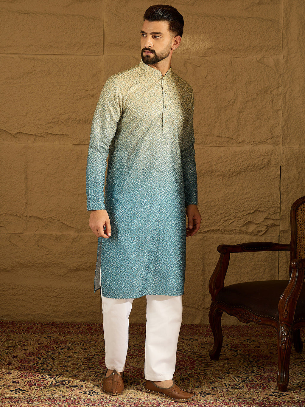 Men Blue Cotton Bandhani Embroidered Straight Kurta-MKU1602