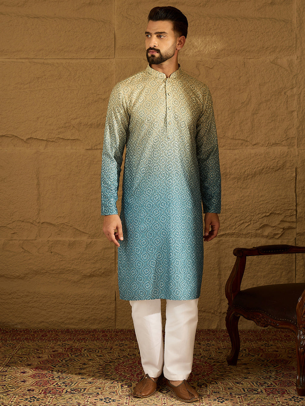Men Blue Cotton Bandhani Embroidered Straight Kurta-MKU1602