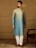 Men Blue Cotton Bandhani Embroidered Straight Kurta-MKU1602