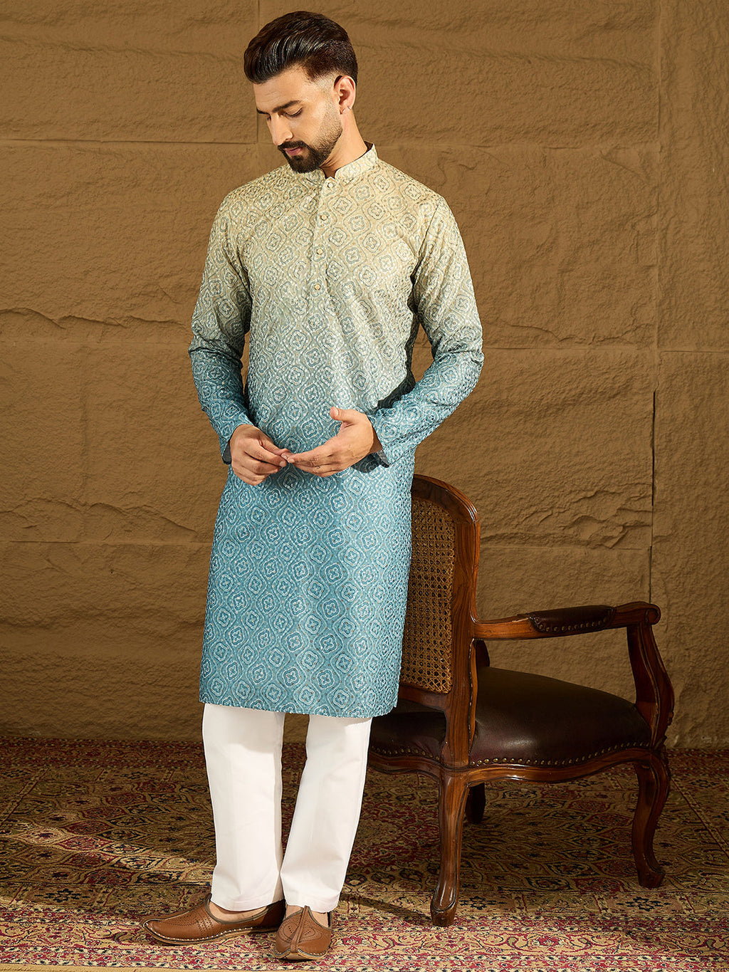 Men Blue Cotton Bandhani Embroidered Straight Kurta-MKU1602