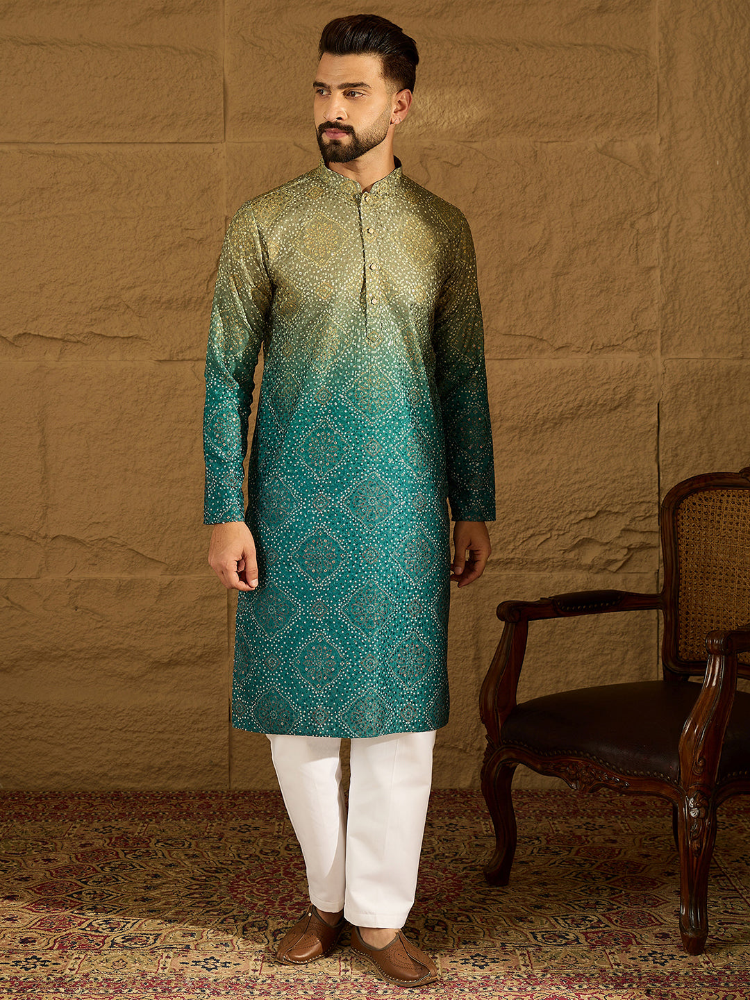 Men Green Cotton Bandhani Embroidered Straight Kurta-MKU1603