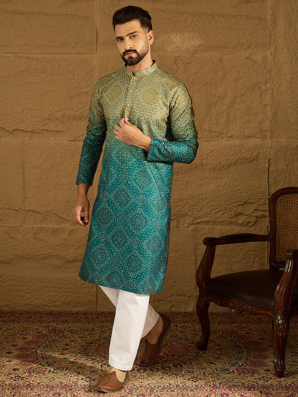 Men Green Cotton Bandhani Embroidered Straight Kurta-MKU1603
