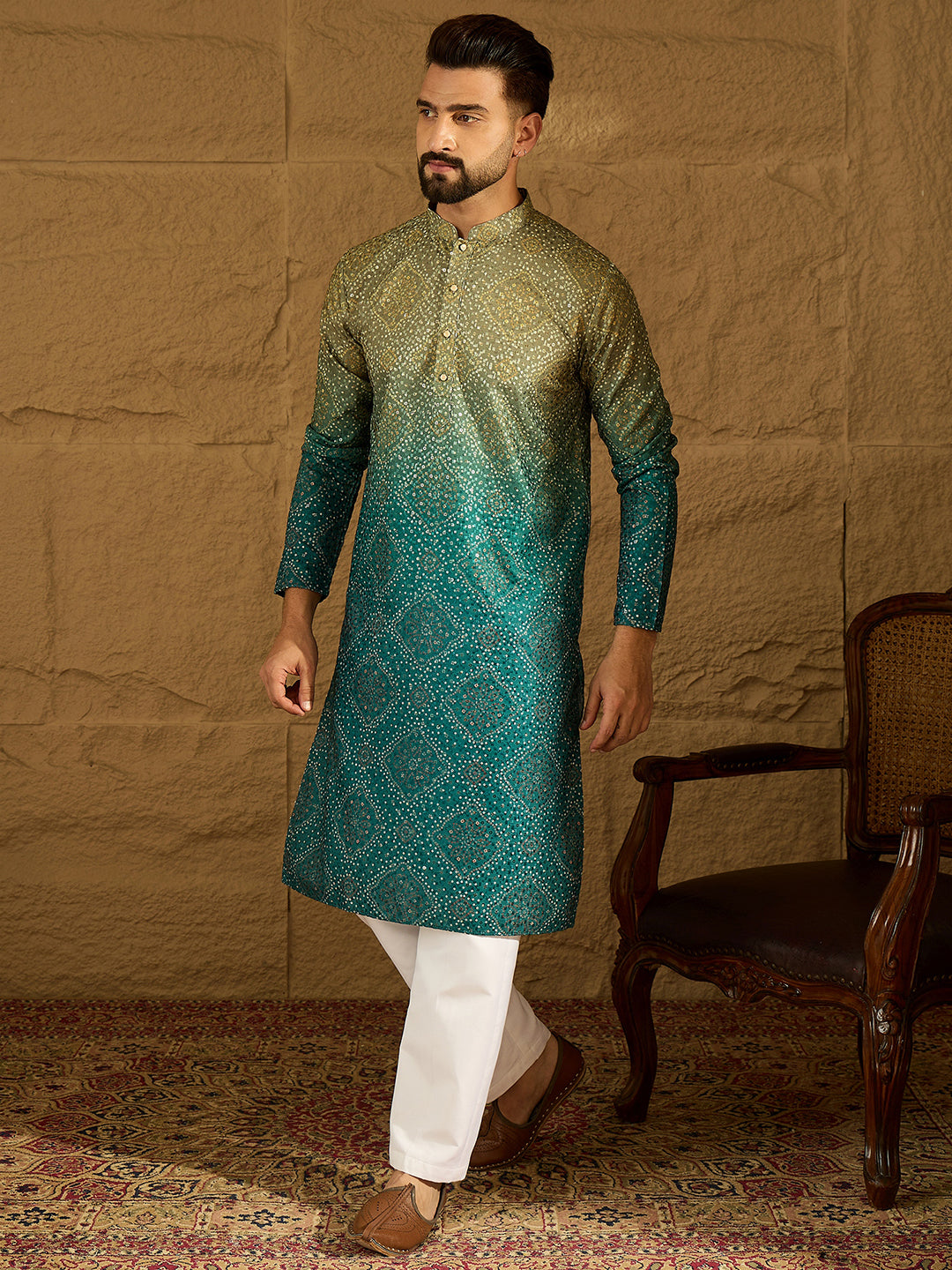 Men Green Cotton Bandhani Embroidered Straight Kurta-MKU1603