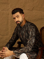Men Black Viscose Rayon Striped Printed Straight Kurta-MKU1607