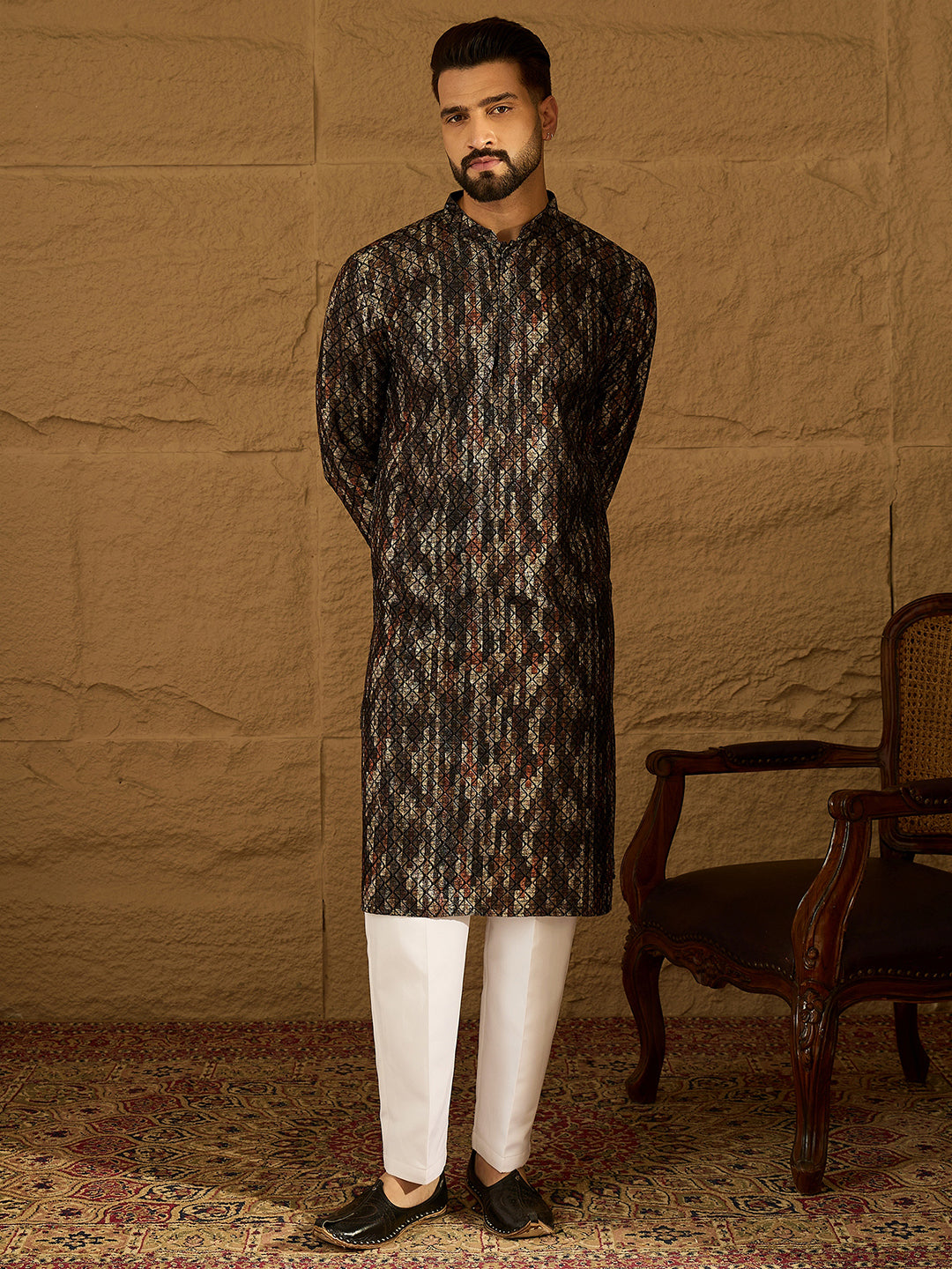 Men Black Viscose Rayon Striped Printed Straight Kurta-MKU1607