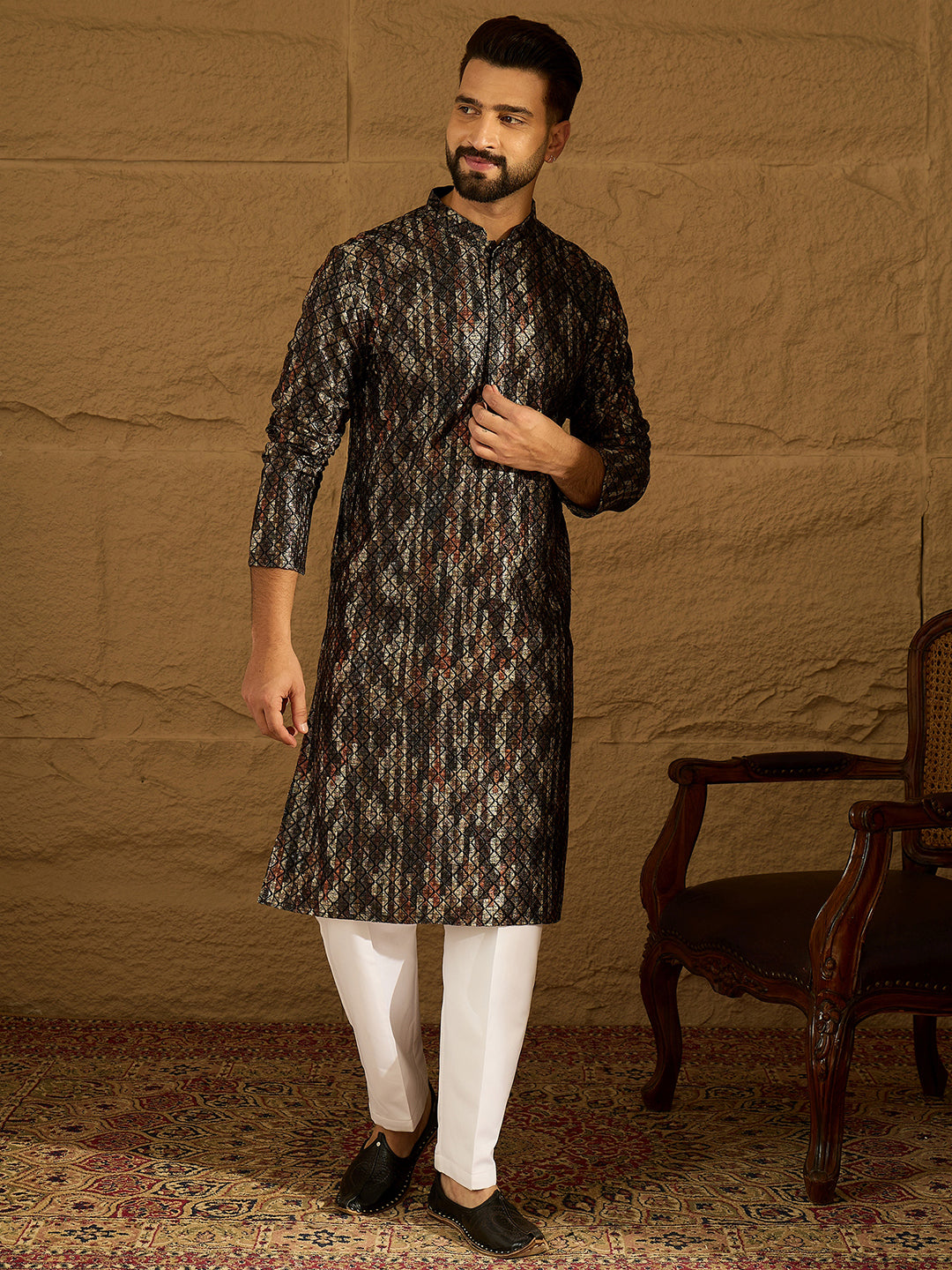 Men Black Viscose Rayon Striped Printed Straight Kurta-MKU1607