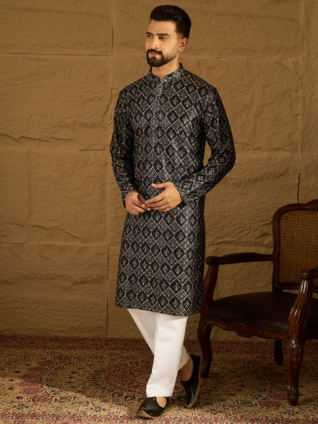 Men Black Viscose Rayon Geometric Printed Straight Kurta-MKU1608