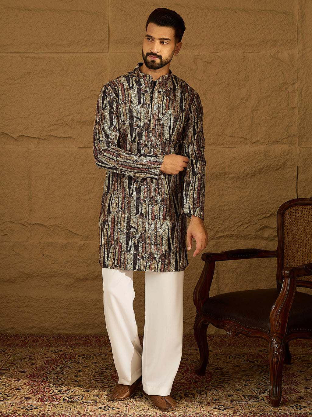 Men Black Viscose Rayon Abstract Printed Straight Kurta-MKU1610