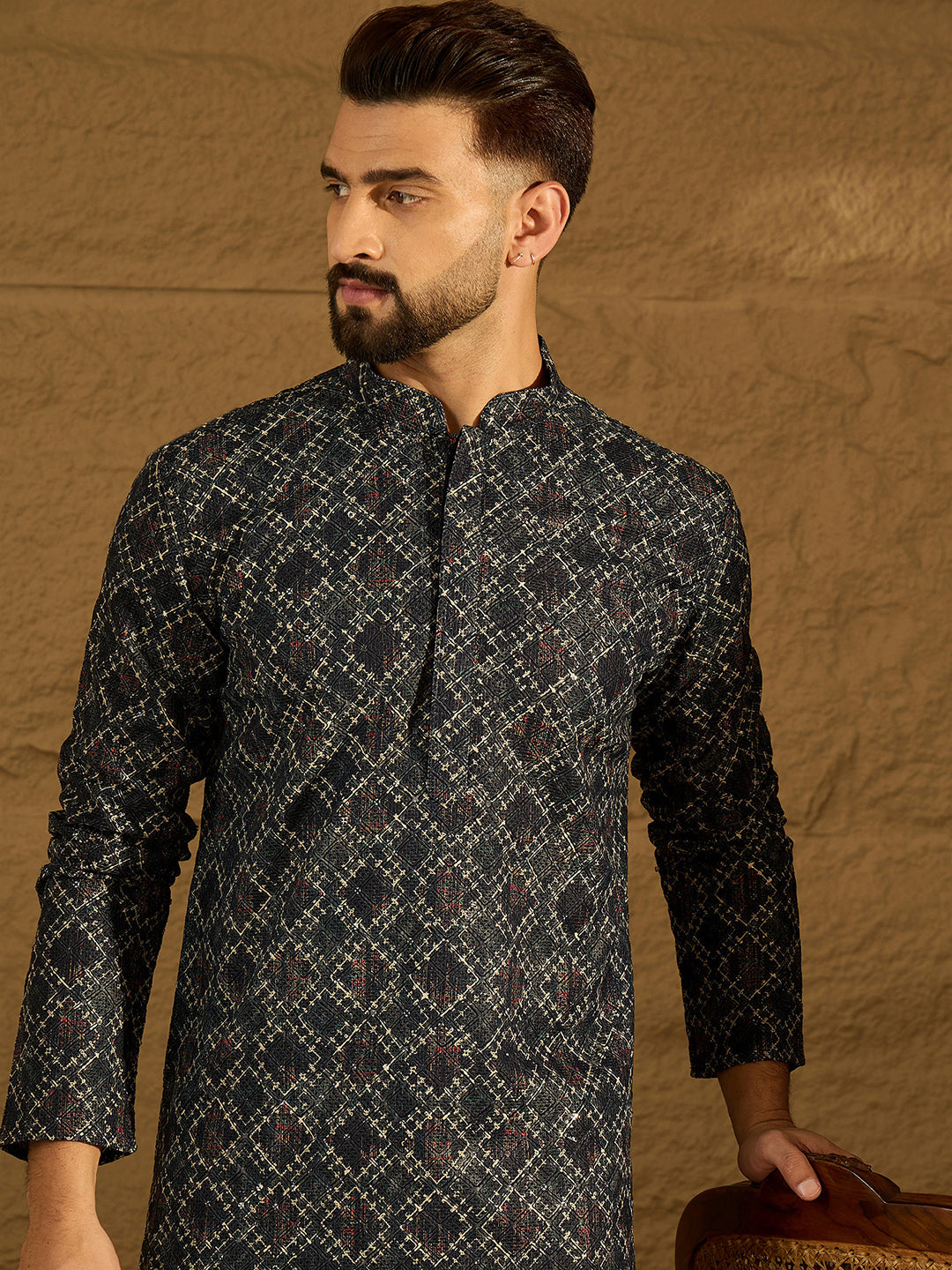 Men Black Cotton Solid Embroidered Straight Kurta-MKU1611