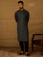 Men Black Cotton Solid Embroidered Straight Kurta-MKU1611