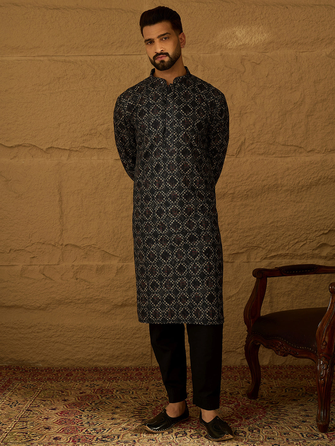 Men Black Cotton Solid Embroidered Straight Kurta-MKU1611