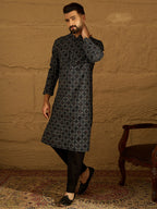 Men Black Cotton Solid Embroidered Straight Kurta-MKU1611