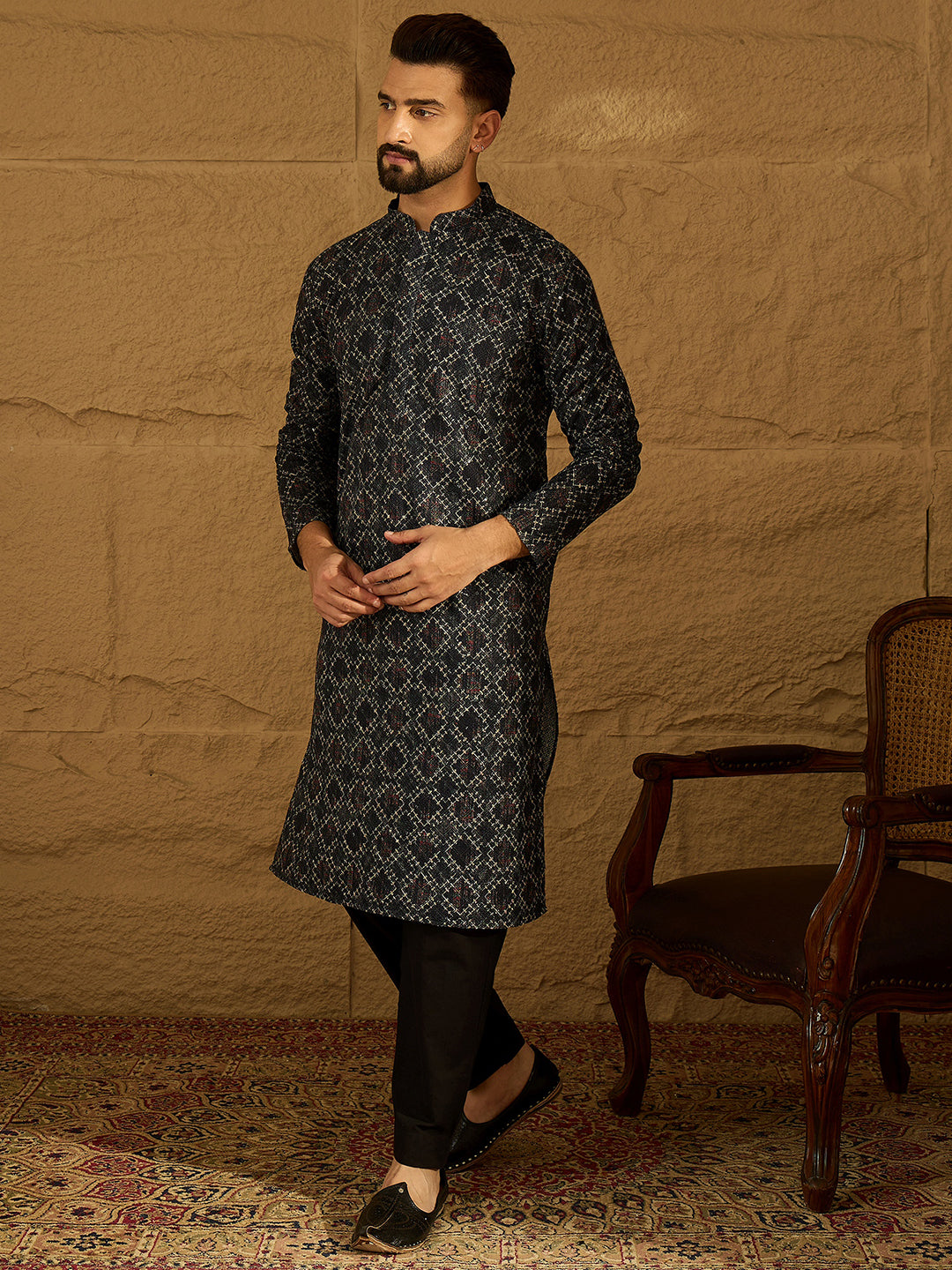 Men Black Cotton Solid Embroidered Straight Kurta-MKU1611