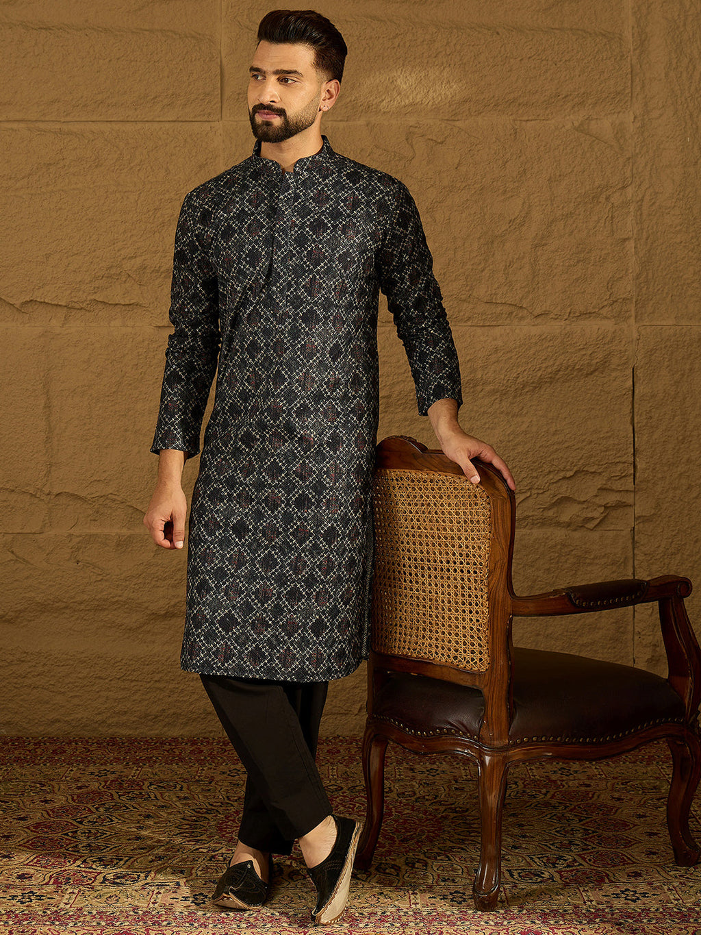 Men Black Cotton Solid Embroidered Straight Kurta-MKU1611